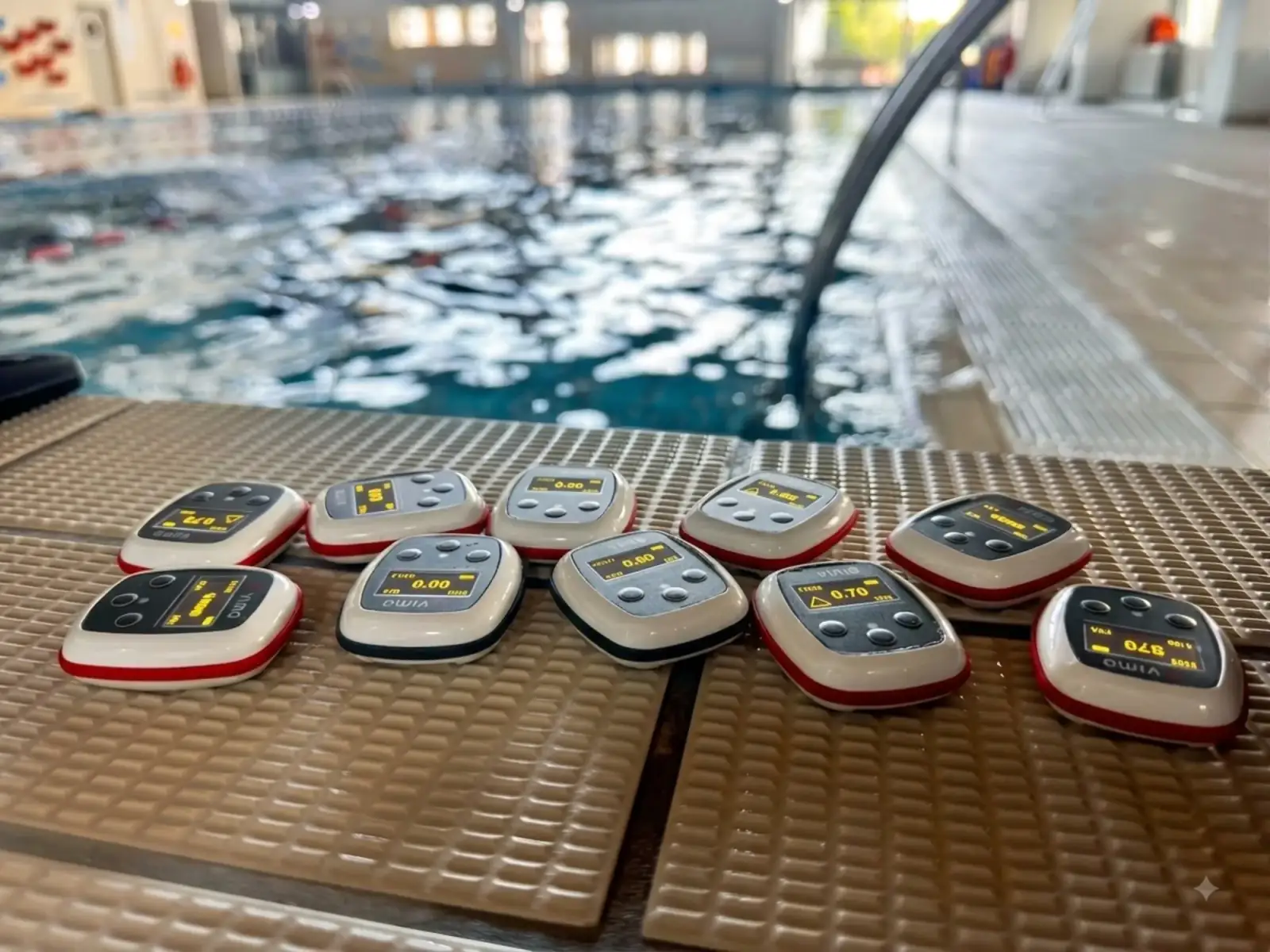 A fleet of Vimo Swim tempo trainers on the pool deck, swimmers training in the water behind